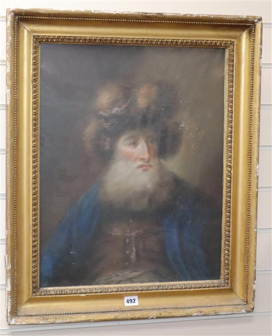 19th century Russian School, pastel, Portrait of a gentleman wearing a fur hat, 54 x 42cm